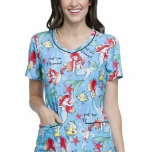 Cherokee Blue Ariel Print Women's Top Disney Tooniforms New with tags